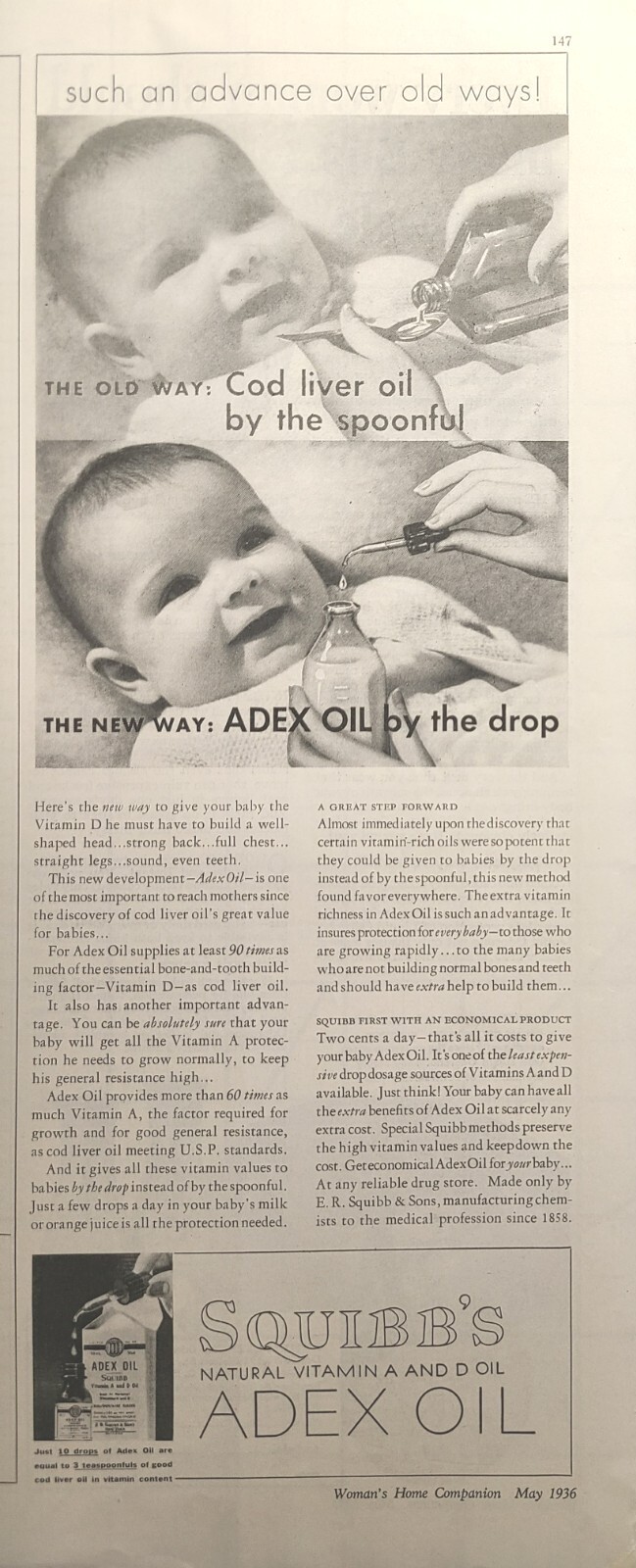 Squibb\'s Adex Oil Drops For Baby Nutrition Vitamin A D Vintage Print Ad 1936