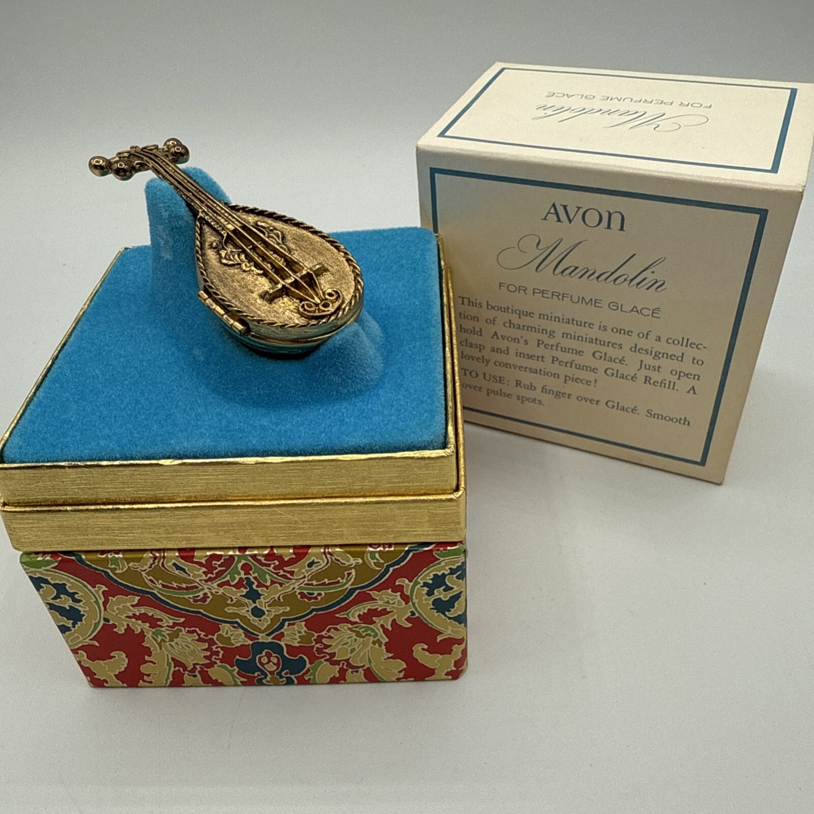 Vintage AVON Mandolin Lute Perfume Holder Glaze Gold Tone Gift Idea 70s with Box