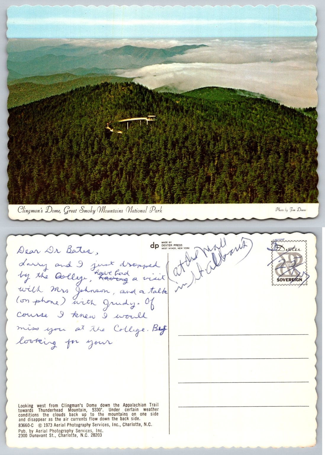 Clingman\'s Dome Great Smoky Mountains NC Postcard 1973 Dexter Press Photo
