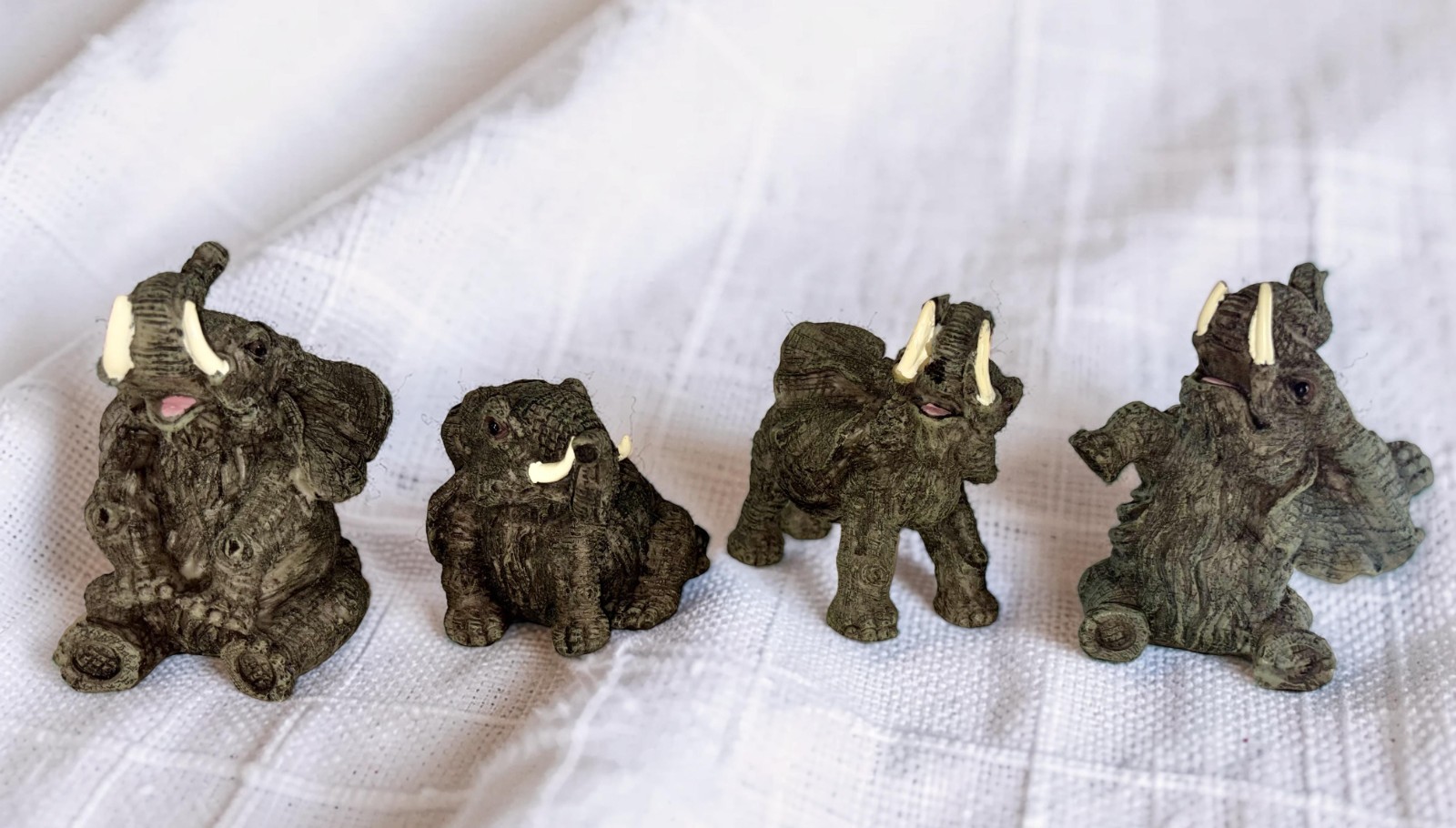 Lot of 4 Vintage Resin Elephant Figurines Miniature Textured Tree Bark Style Min