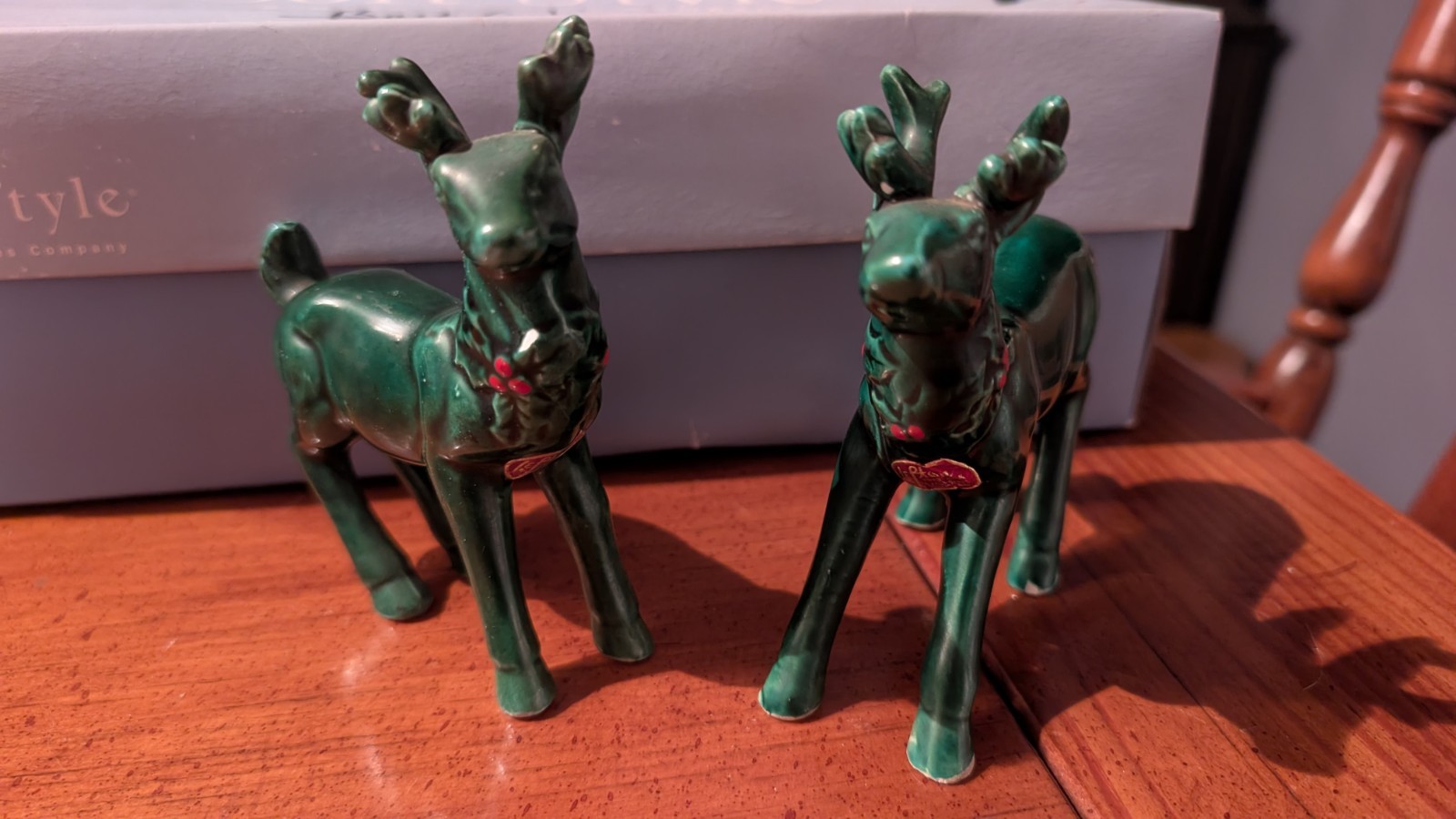 Vintage Lefton 1187 Green Holly Berry Reindeer Pair Japan Christmas Deer MCM