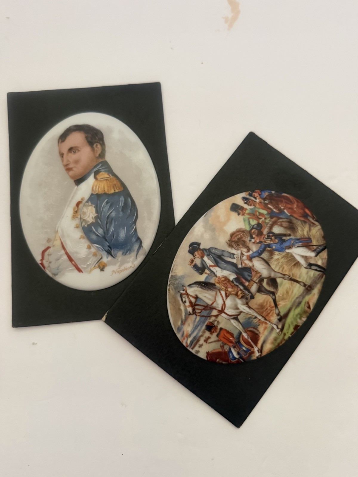 Antique French Napoleon in Battle Porcelain Plaque Hand Painted Set Of 2