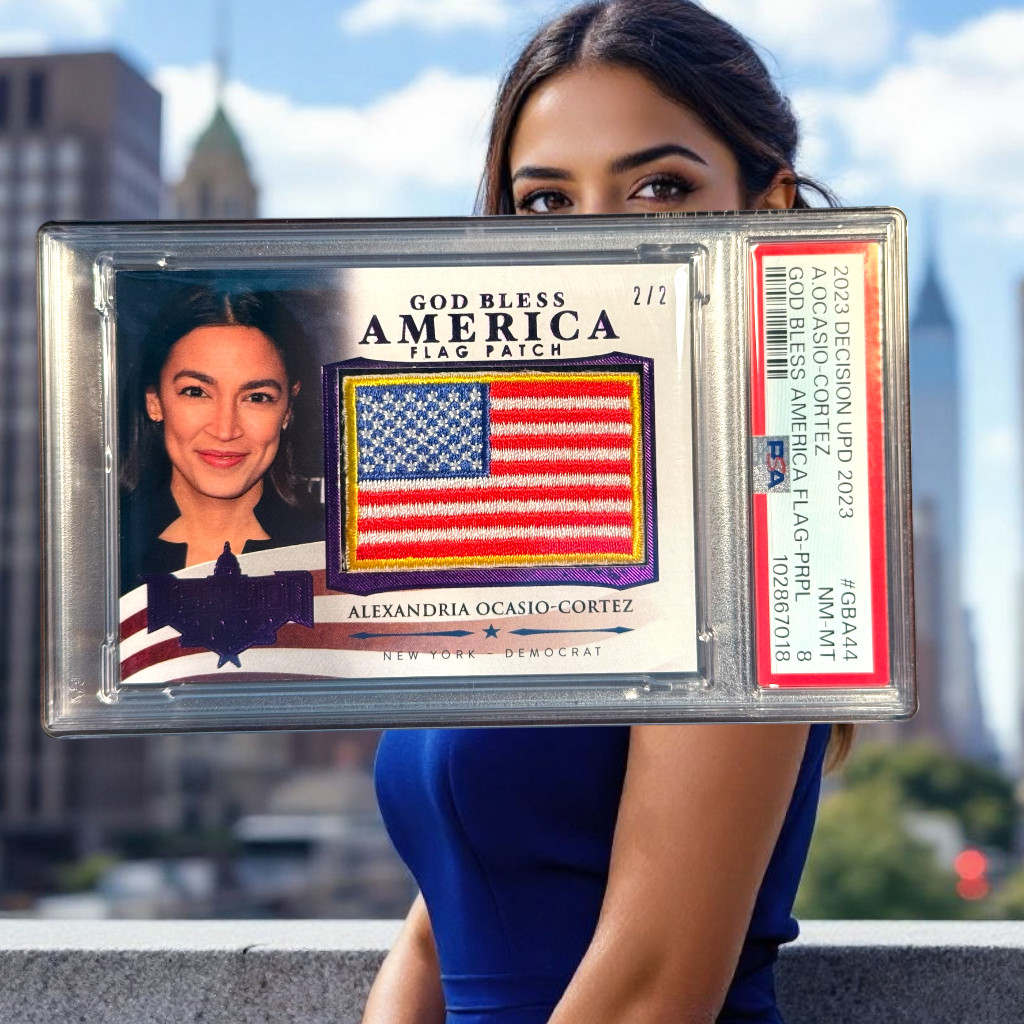 DECISION 2024 Alexandria Ocasio-Cortez GBA FLAG PATCH PURPLE FOIL 2/2 PSA 8 AOC