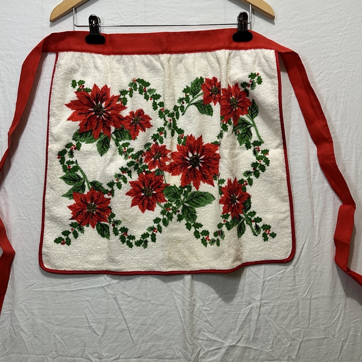 Vintage 1960s Christmas Poinsettias Half Apron 60s Terry Cloth New Old Stock C2