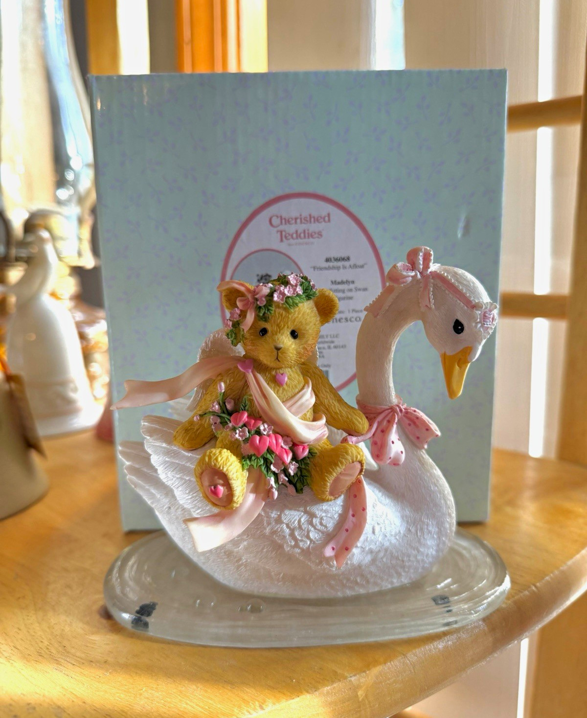 Enesco Cherished Teddies Madelyn 4036068 Teddy Bear on Swan Figurine Boxed 2013