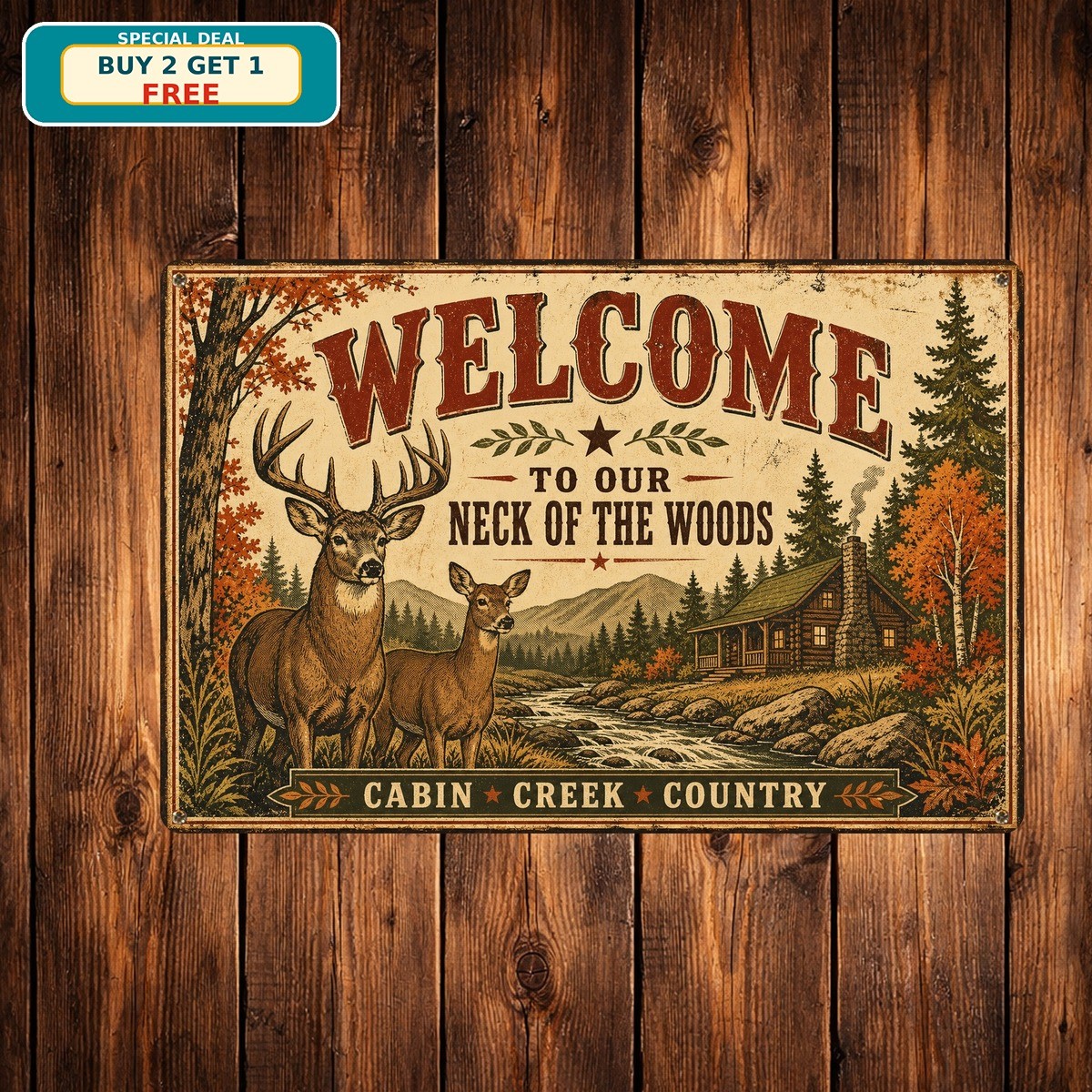 Deer In Forest Wildlife Hunting Lodge Cabin Rustic Metal Sign