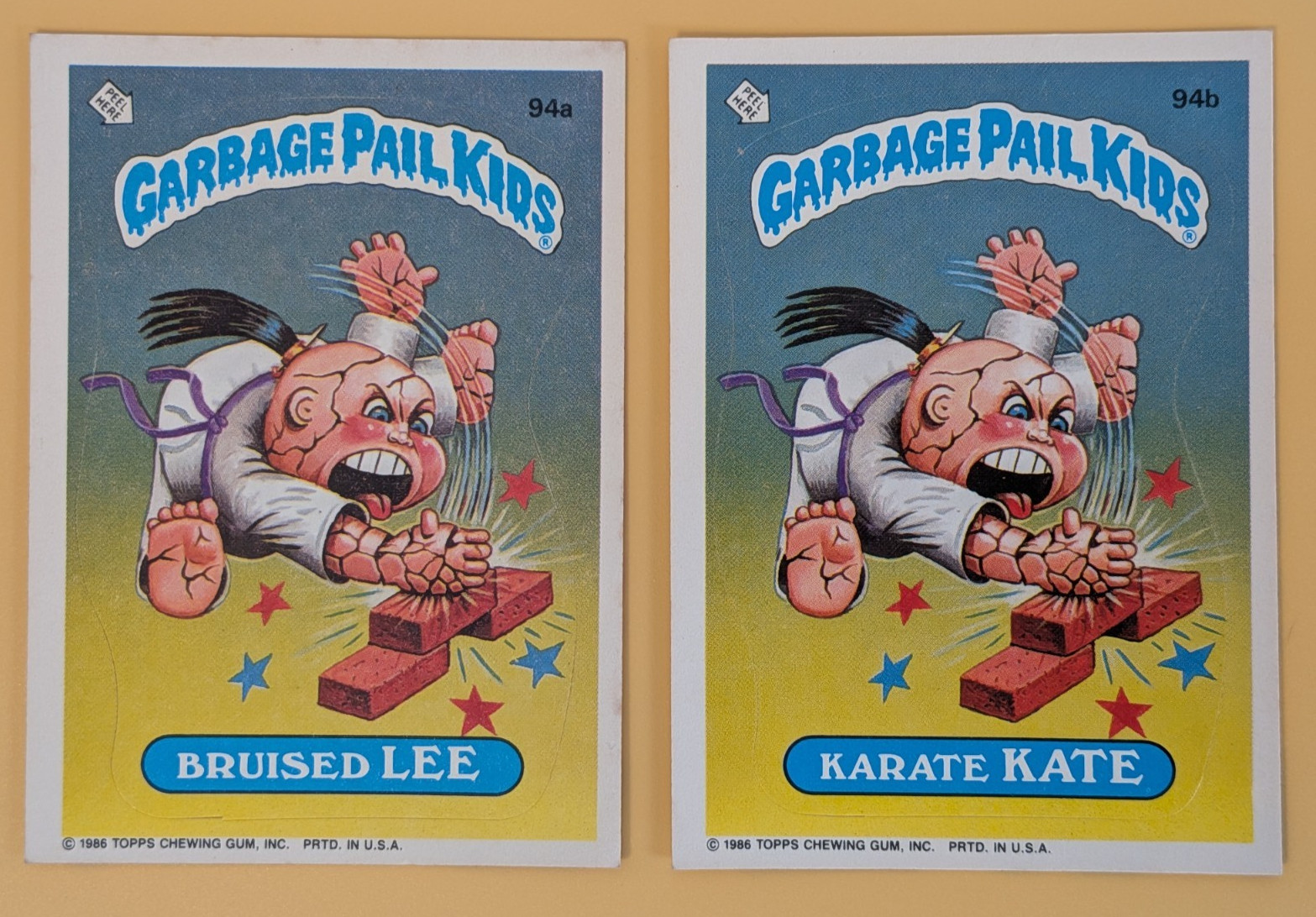 1986 Garbage Pail Kids OS3 Bruised Lee #94a Karate Kate #94b Die-Cut Error Set