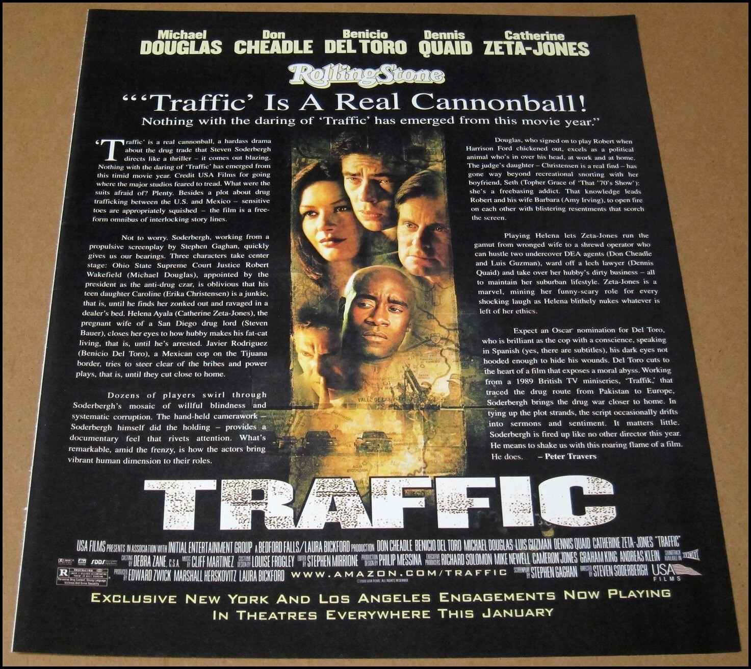 2001 Traffic Movie Print Ad Rolling Stone Review Benicio del Toro Cheadle 2000