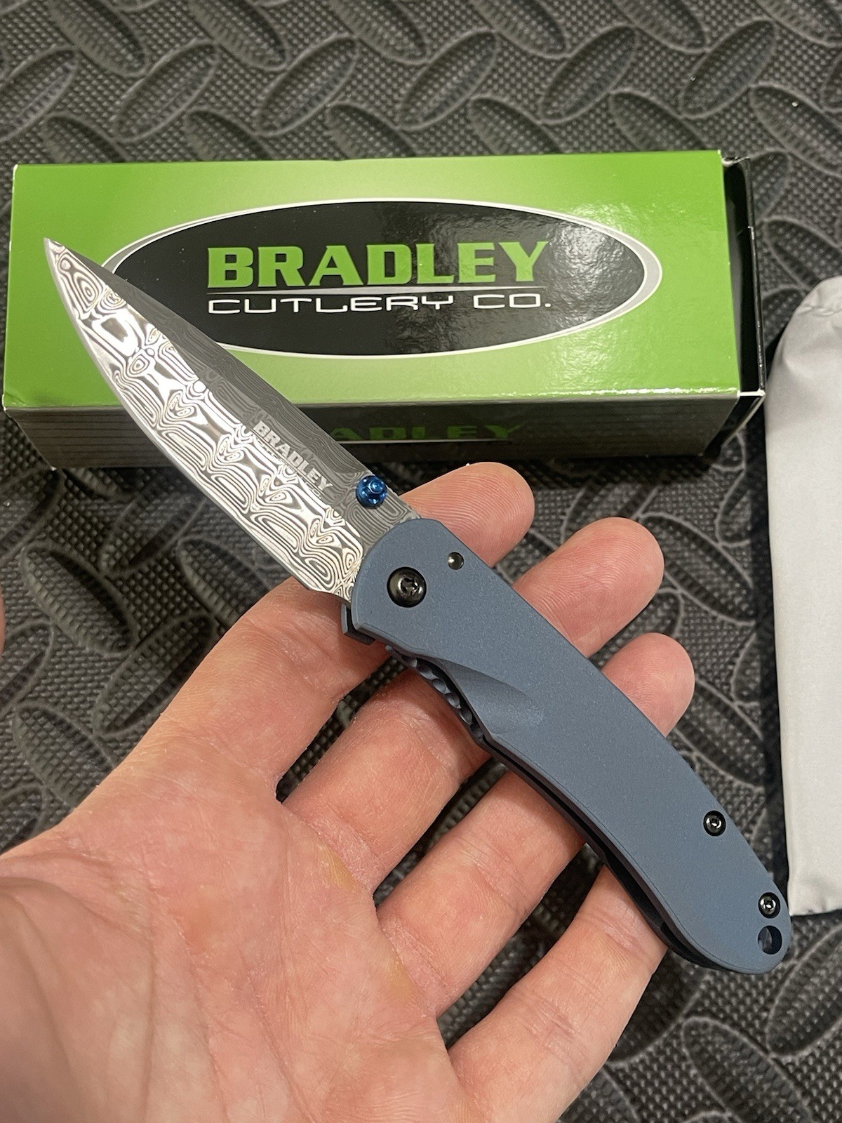 Bradley Cutlery Knives - Alias II - Blue Titanium Scales w/ a Damascus Blade.