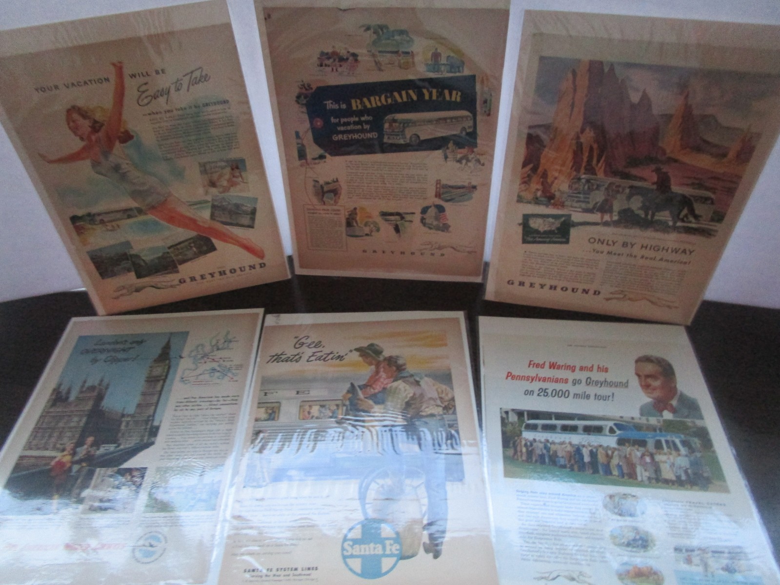 Greyhound, Santa Fe, Pan Am 1940s Vintage Magazine Travel Advertising Set of 6