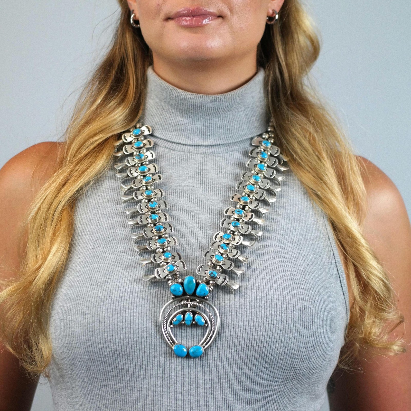 Navajo Native American Turquoise Sterling Silver Squash Blossom Necklace 28 1/2