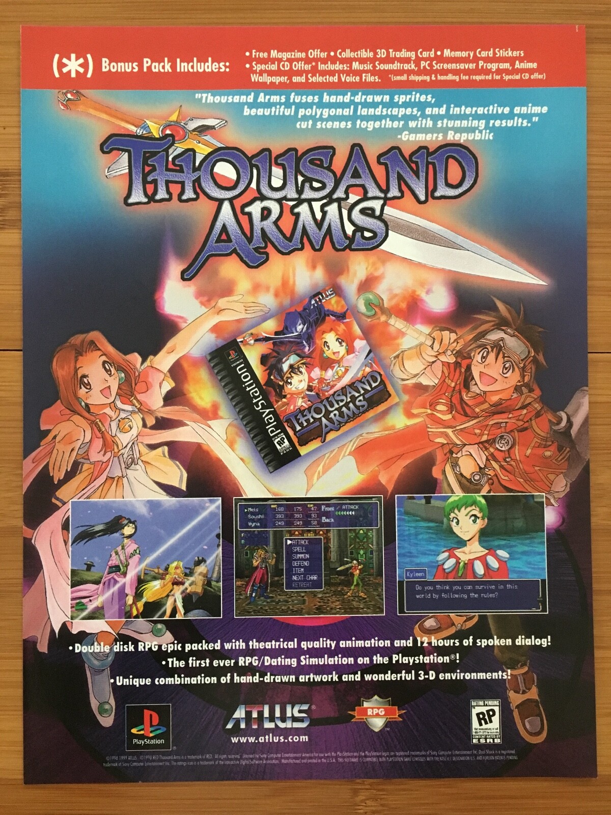 1999 Thousand Arms PS1 PSX Playstation 1 Vintage Print Ad/Poster ATLUS RPG Art