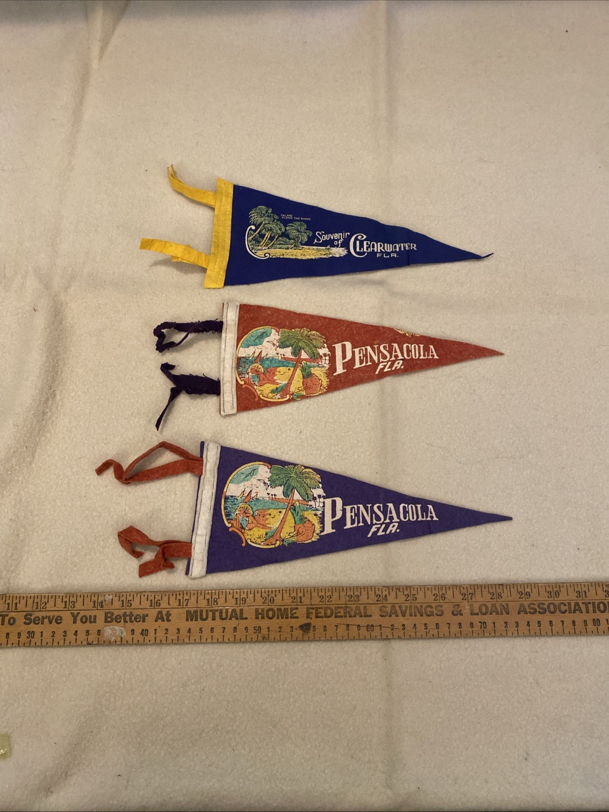 3 Vintage Felt Souvenir Pennants Clearwater Pensacola Florida 