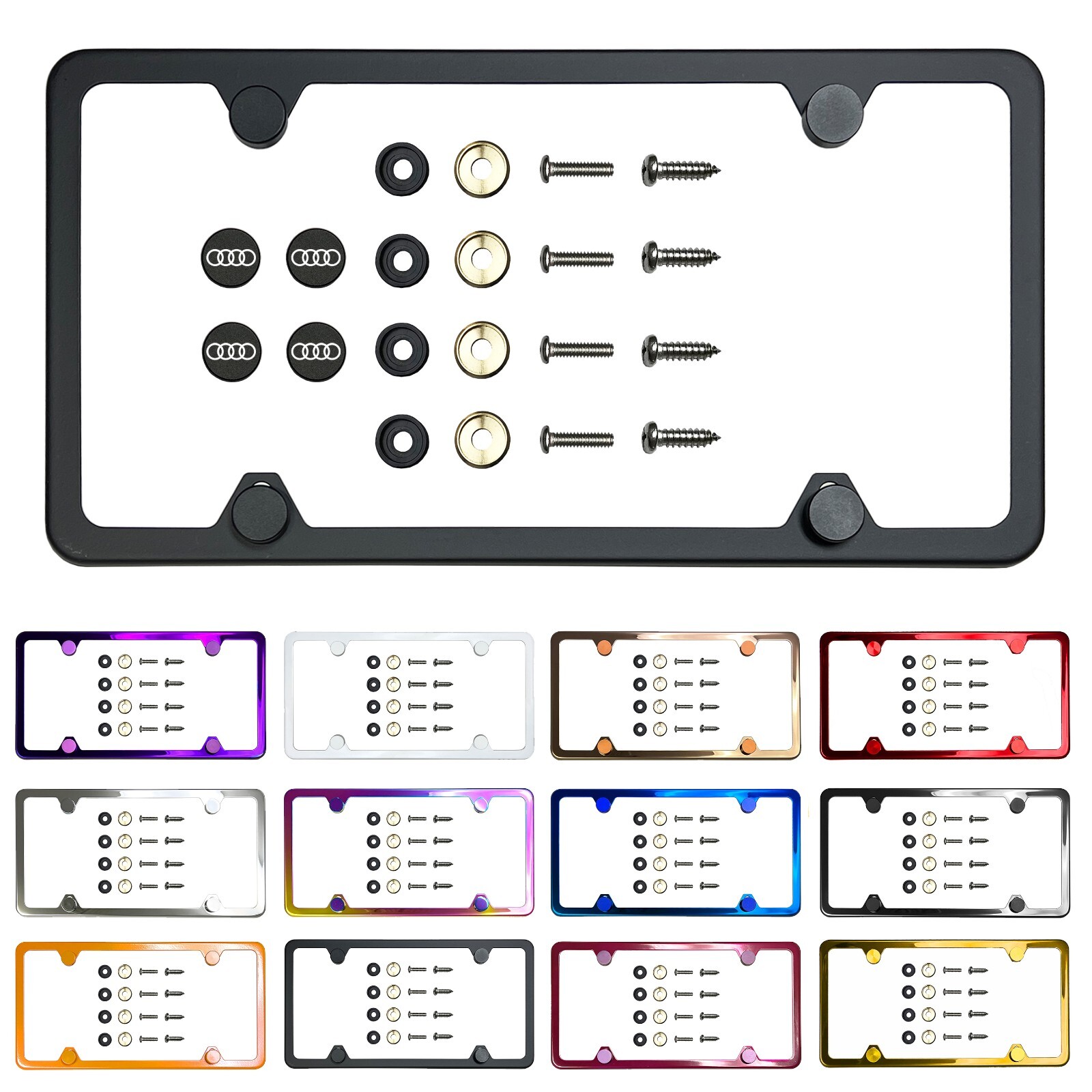 Fit Audi Stainless Steel 4 Holes Slim License Plate Frame with Metal Cap A4 A5