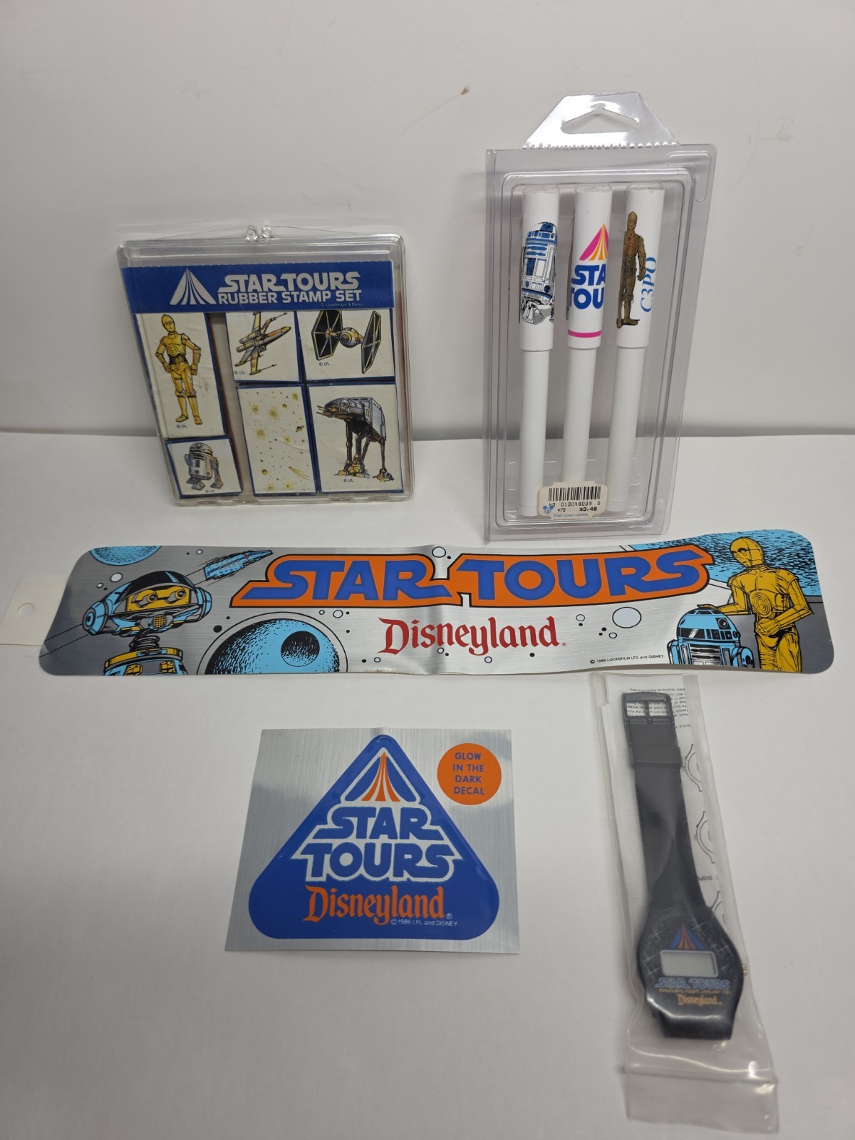 Original 1986 Disneyland Star Tours Lot 87' Inaugural Watch, Stamp set, Pens ...