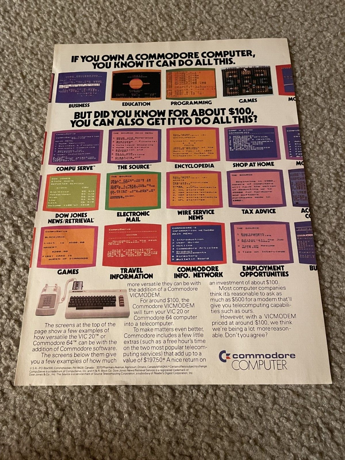 Vintage 1983 COMMODORE 64 VIC 20 Home Computer PC Print Ad Programs 1980s