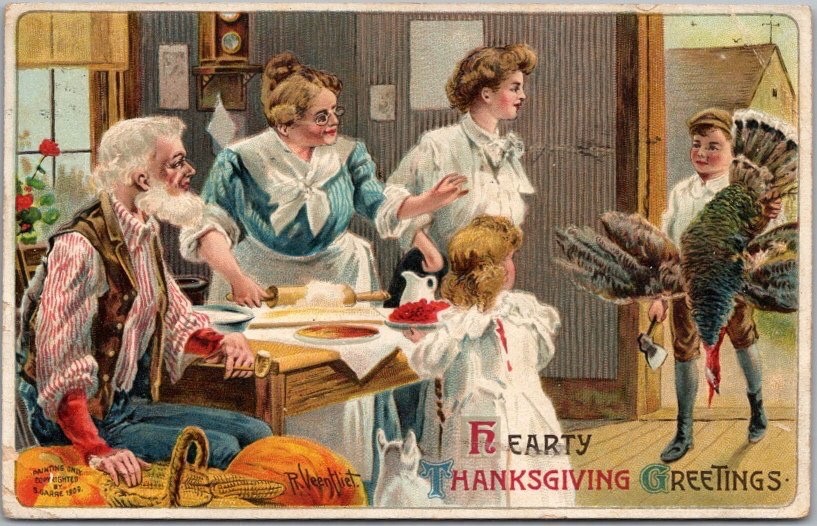 Vintage 1909 THANKSGIVING Embossed Postcard Kitchen Scene / Boy with Dead Turkey