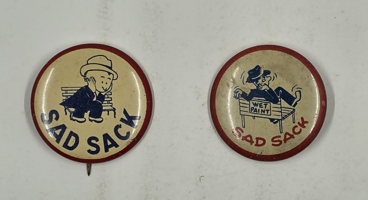 Lot of 2 Vintage Sad Sack Pinback Buttons Comic Character 1940s‑50s Humor