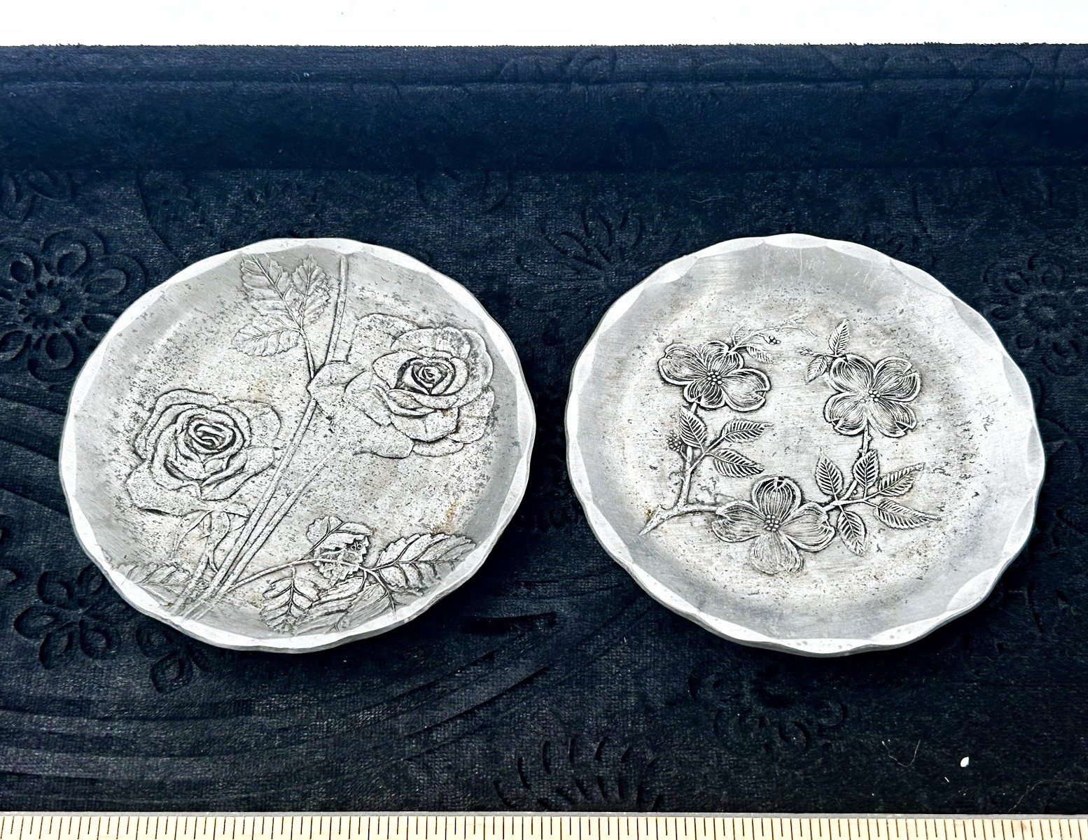 Vintage Wendell August Forge Handmade Silver Metal Floral Round Coaster Set of 2