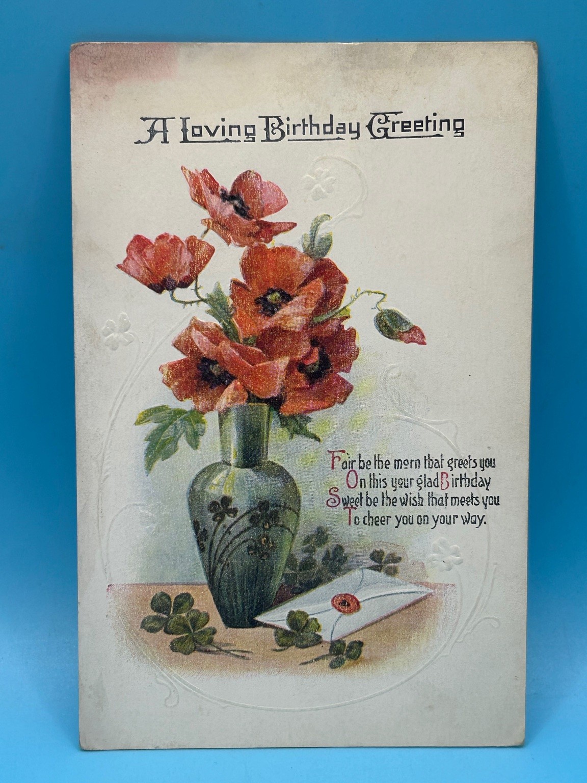 Antique Birthday Postcard Poppies Vase Shamrocks Embossed USA Early 1900s