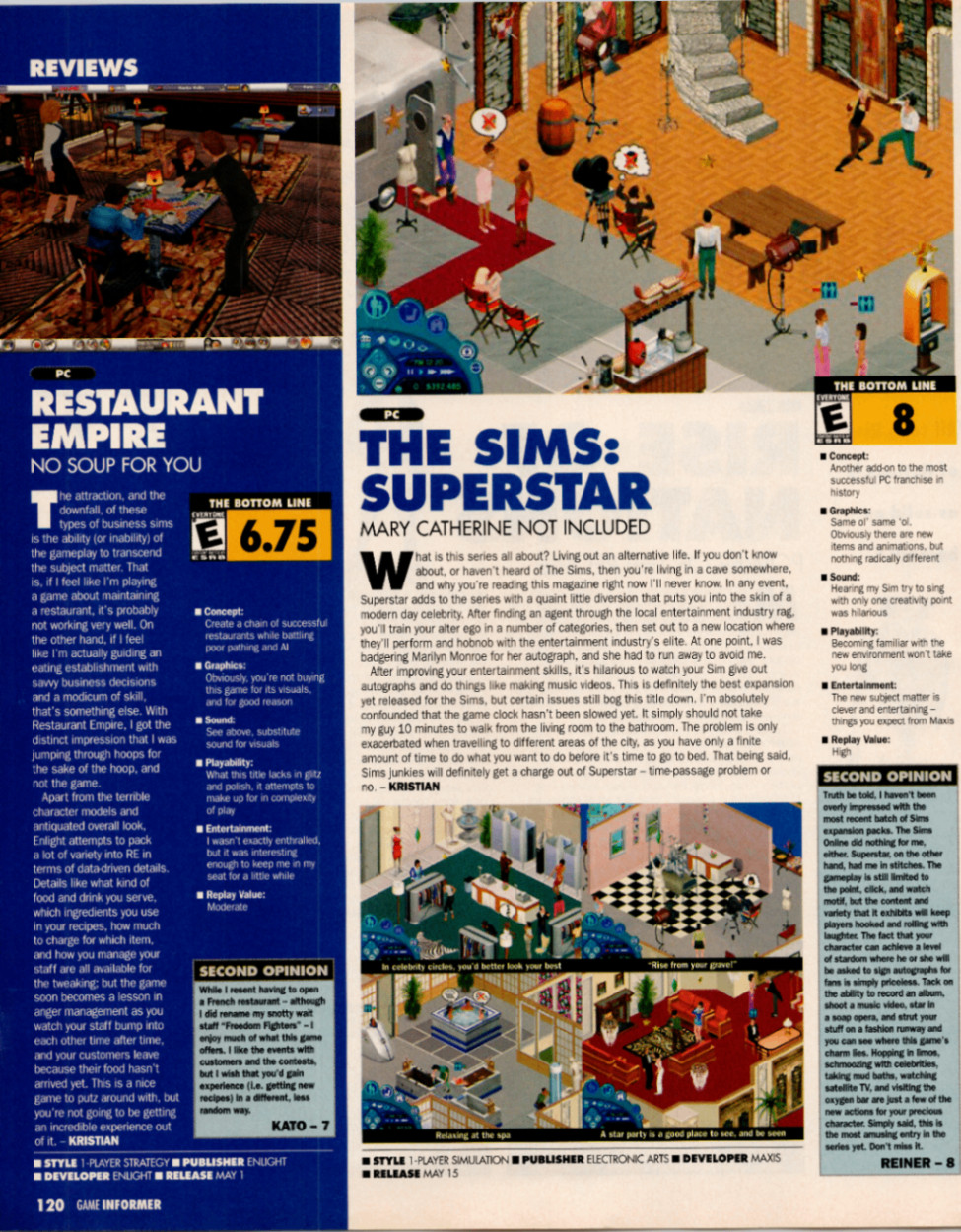 Game Article 2003 The Sims Superstar Restaurant Empire PC Game Review Print Ad
