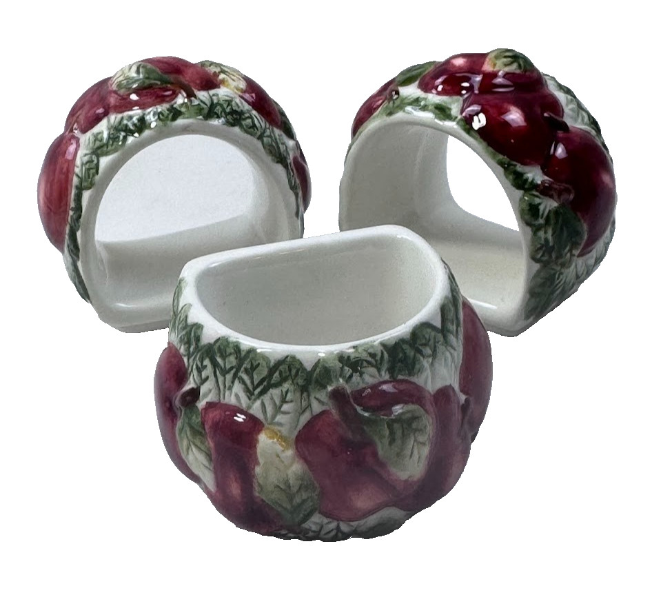 (4A) Vintage FTD Majolica 3D Relief Ceramic Red Apple Napkin Rings - Set of 3