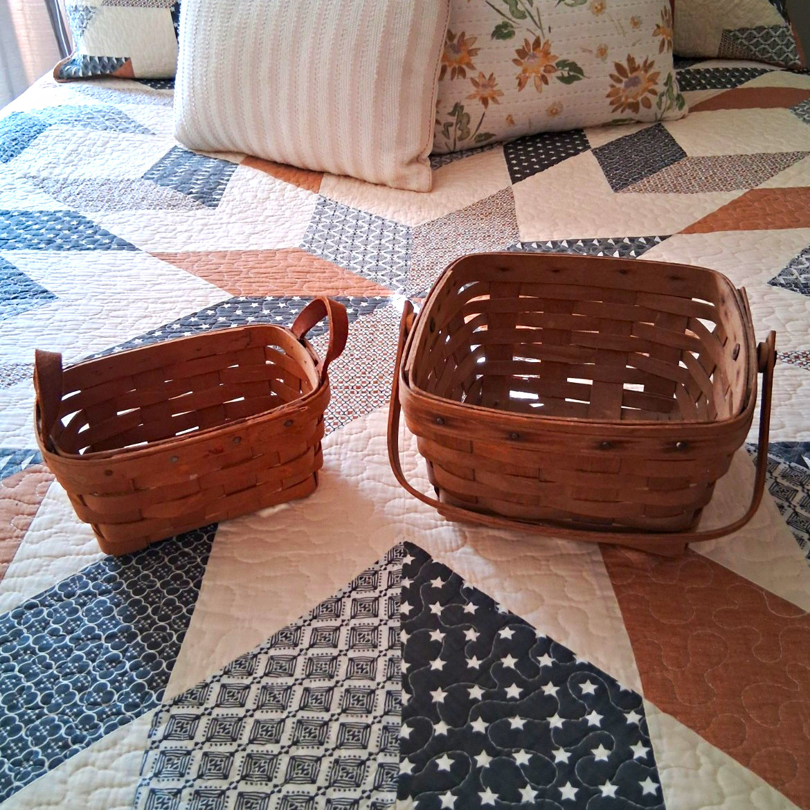 Vintage,Longaberger Handwoven Small Rectangle Wood Baskets w/ Handles Set of 2