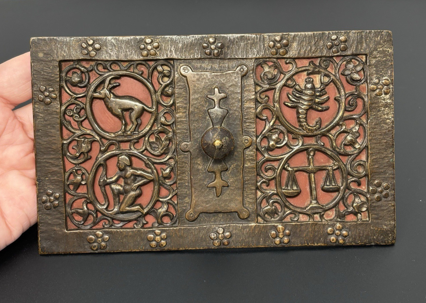 1920s Art Deco Bronze Zodiac Astrology Box Lid Oscar Bach LID Only