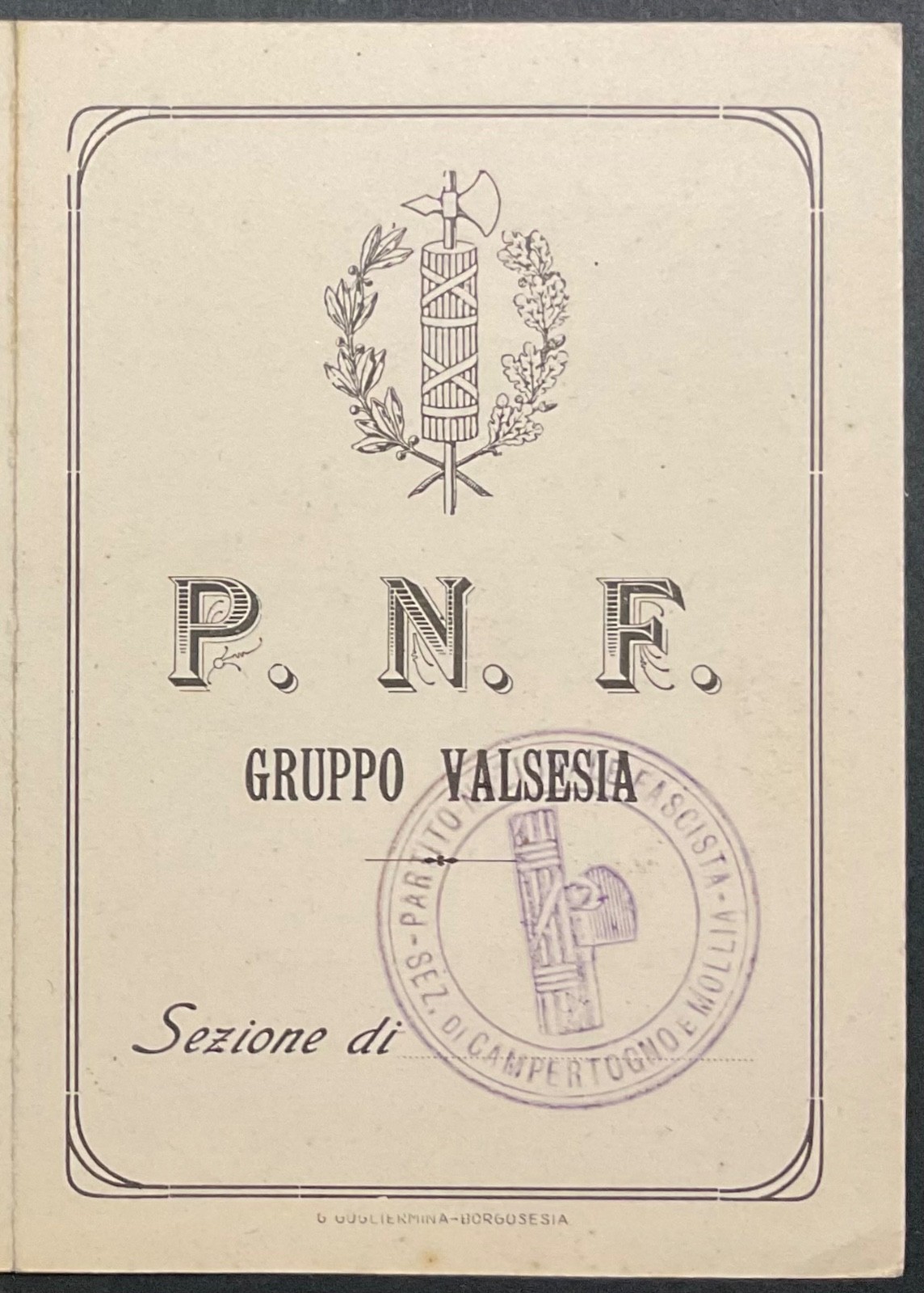 MOLLIA VERCELLI PNF GROUP VALSESIA GOVERNING PARTY CARD A.IV° 1926
