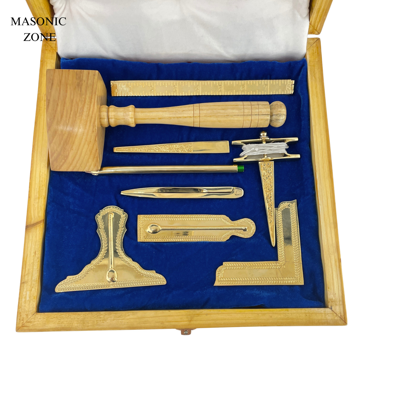 Masonic Working Tools Set Real Gold Plated Standard Full Size Natural Wooden Box
