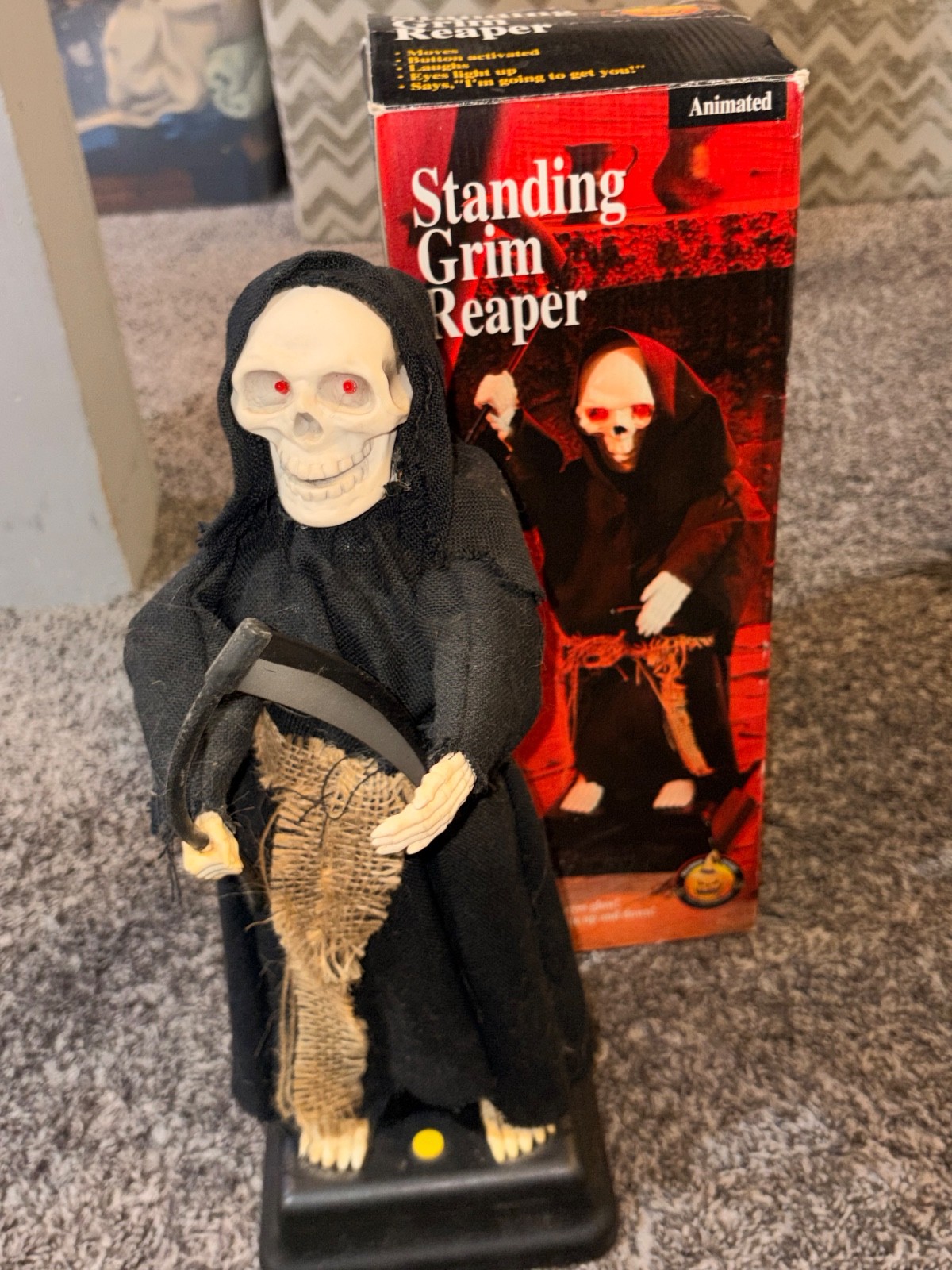 Vintage 1995 Gemmy Animated Standing Grim Reaper Halloween Decoration w Box
