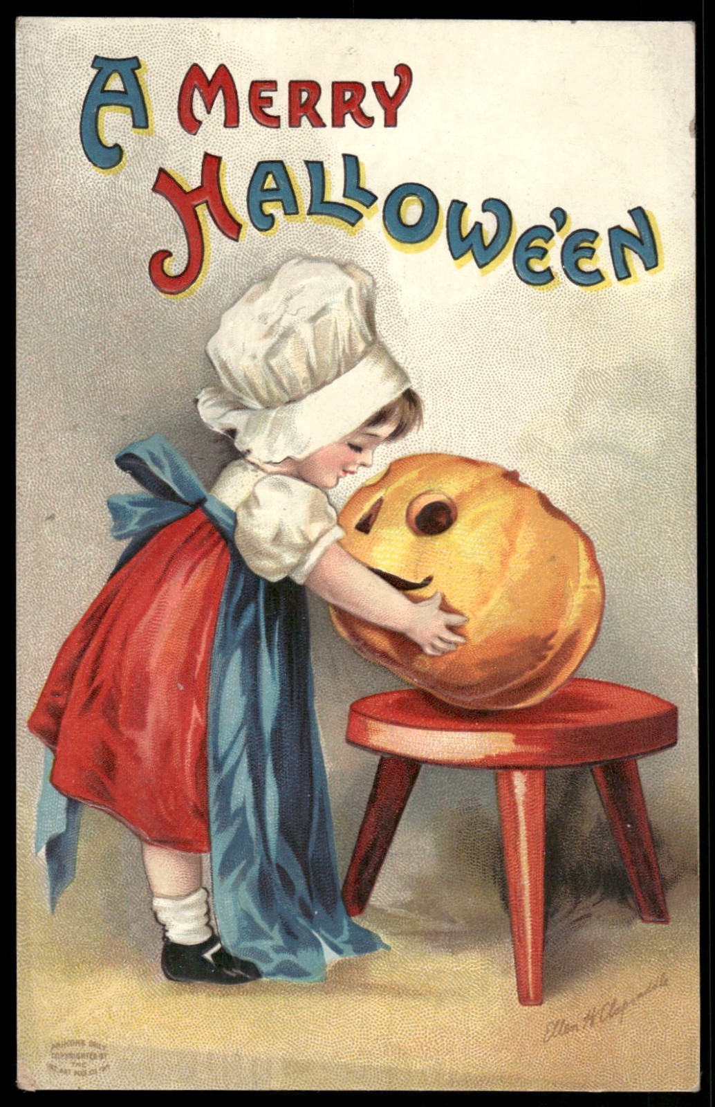 Postcard Merry Halloween Girl Pumpkin Clapsaddle
