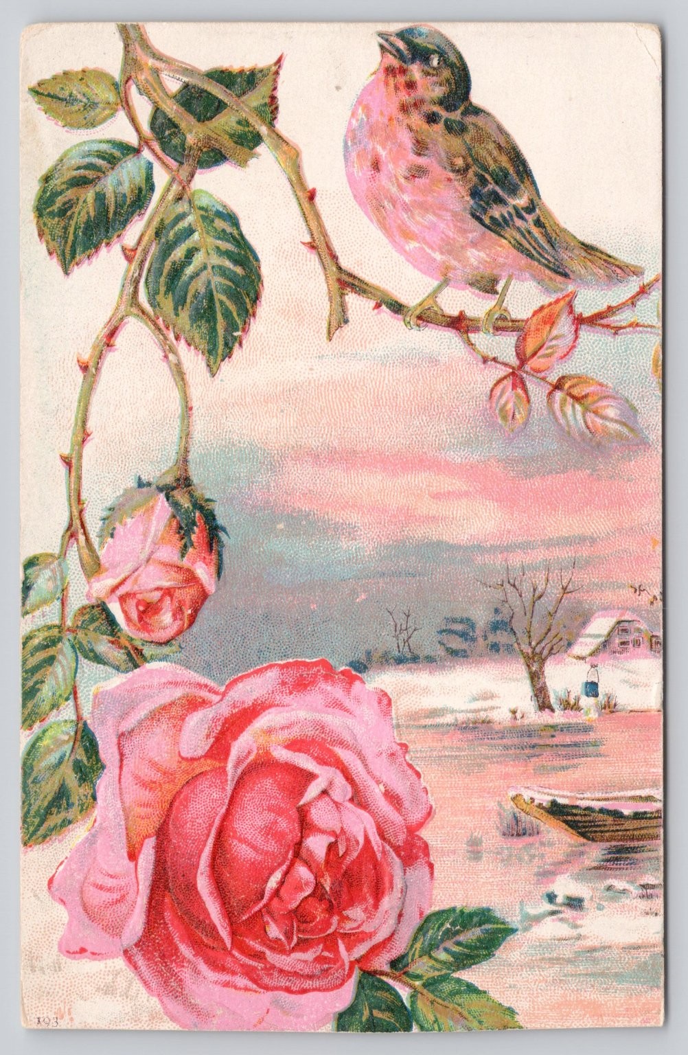 Vintage Embossed Pink Rose Bird Winter Scene Postcard Divided Back 1900s
