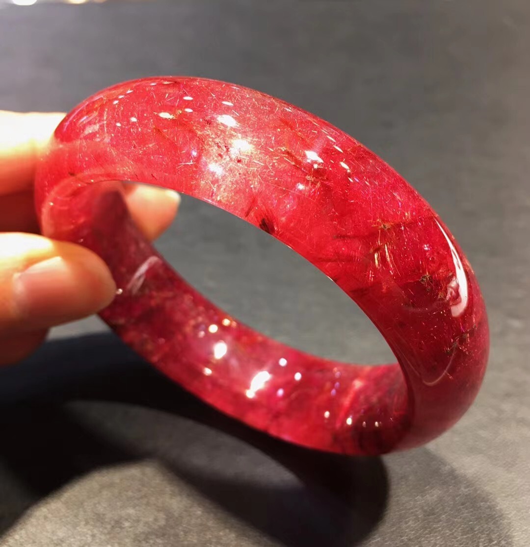56.5mm Rare Natural Red Hair Rutilated Bracelet carved quartz crystal healing