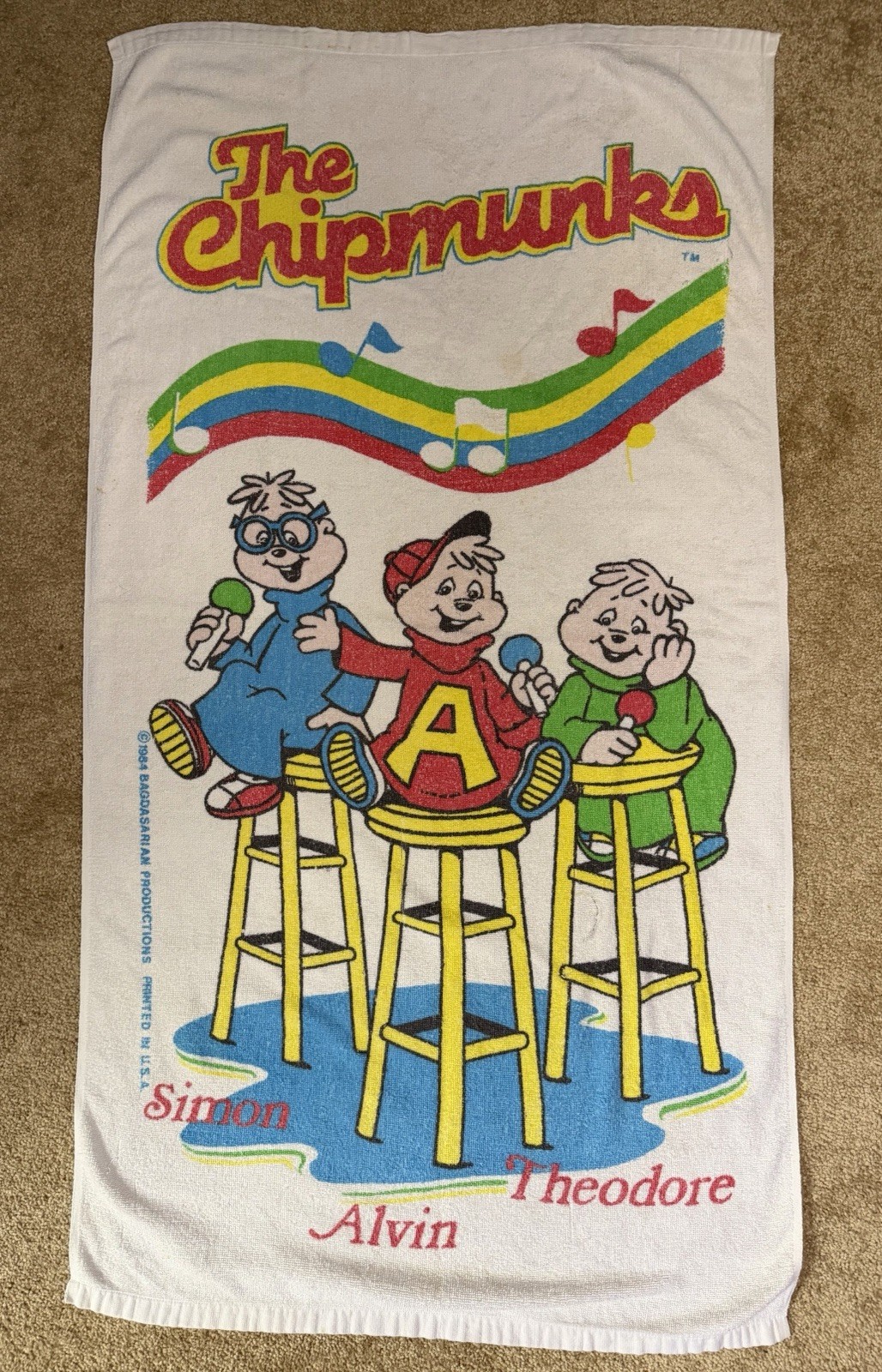 Vintage 1984 The Chipmunks Towel 26”x47” Rare Franco Brand