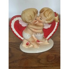 Vintage Lefton Kissing Angels Planter 2773 Valentine Red Heart Cherub Kitsch picture