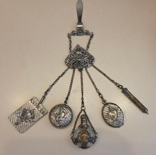Rare 1900s silver plate 5 piece chatelaine, compact, perfume, mirror, pencil picture