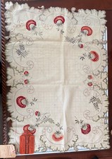 Antique 1919 Ohio Fair Winner Embroidered Linen Dresser Scarf Scalloped Ribbon picture