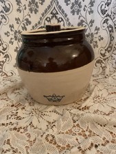Vtg Blue Crown Stoneware #3 Bean Pot Crock W/Lid & Handle Robinson Ransbottom picture
