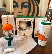 Starbucks x Peanuts Snoopy 3pc Set Glass Cup Plush Pumpkin Tumbler NEW 2026 picture