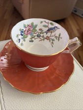 Aynsley Pembroke 2902 English Bone China Cup & Saucer Burnt Orange Bird Floral picture