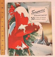 VINTAGE 1940's Christmas Turquois Box 50 Chrismas Greeting Cards w/Envs UNUSED  picture