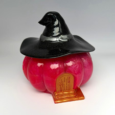 Halloween Pink Resin Pumpkin Decor Jar with Black Witch Hat Lid picture