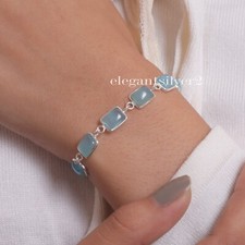 Bracelet 925 Sterling Silver Blue Chalcedony Cabochon Handmade Gemstone Jewelry picture