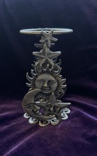 Vintage Celestial Metal Candle Holder Sun Moon Stars Pewter Finish 90s picture