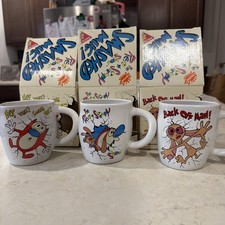 REN AND STIMPY SMASHED MUGS 1992 SET OF 3 VINTAGE BOXED COLLECTIBLE NickToons picture