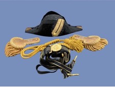 Antique Naval Officer Bicorne Hat Epaulets Belt Cord LTJG Dress Lot picture