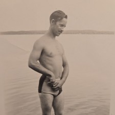 Vintage Snapshot Photo B&W Man Standing in Water Swimsuit Beach Beefcake picture