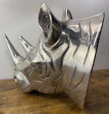 Large Cast Aluminum Rhino Rhinoceros Head Wall Mount Sculpture Silver Decor VTG picture