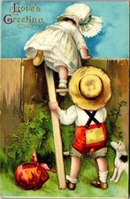 Vintage Postcard Love's Greetings Children Climbing a Fence Unsigned Clapsaddle  picture